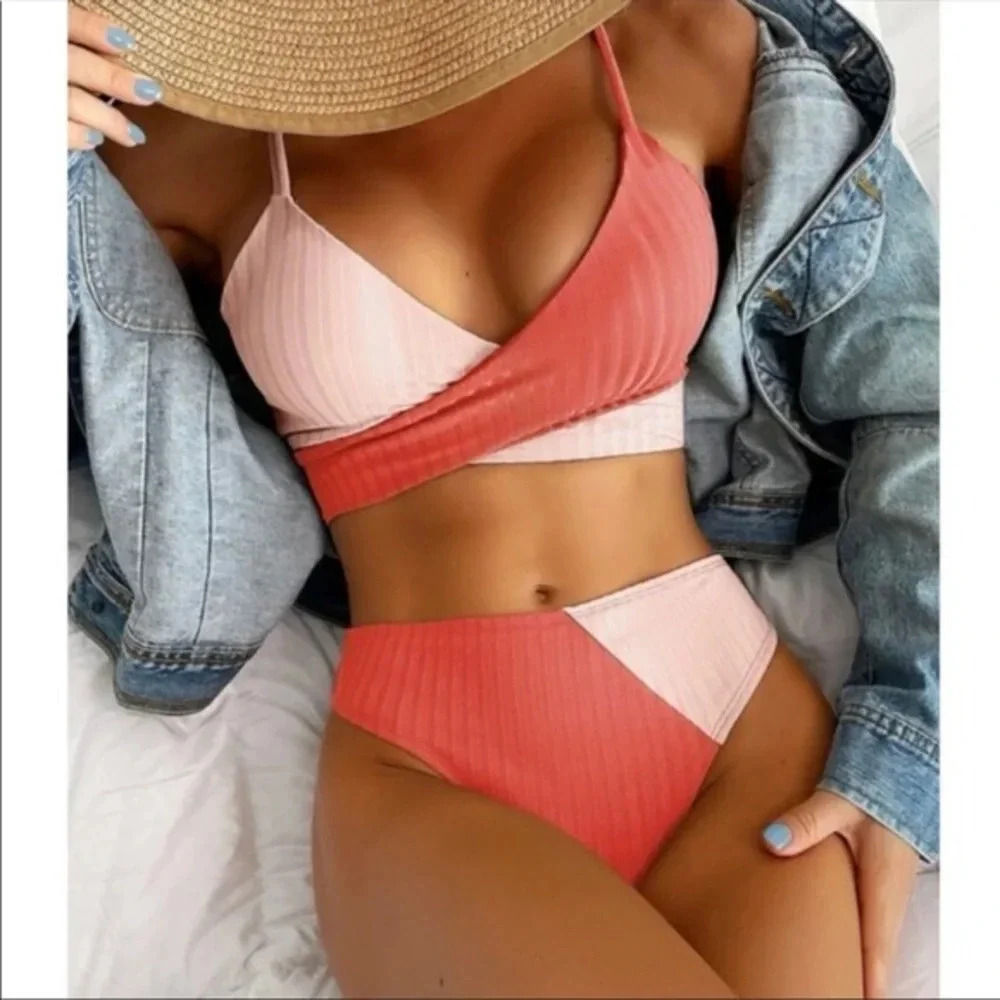 Boho Wrap Color Block Bikini | High Waisted Two Tone Swimsuit Set